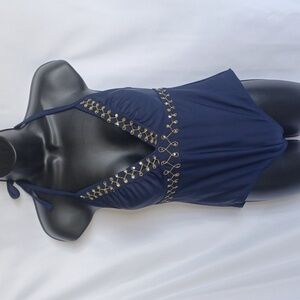 Beach native bathing suit size 12 Navy Blue  Gold Trim, Sequins, Halter